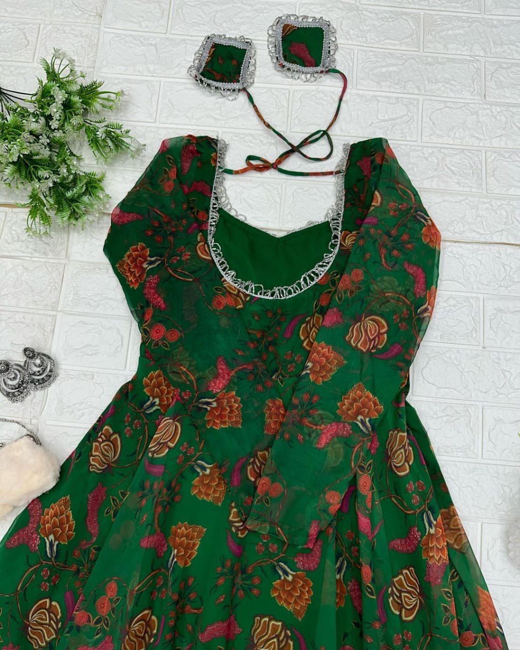 Delightful Green Georgette Floral Digital Printed Gown With Dupatta - Ethnicwish