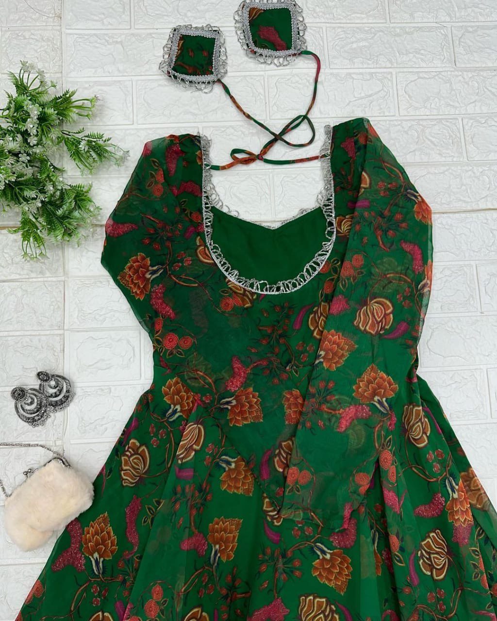 Delightful Green Georgette Floral Digital Printed Gown With Dupatta - Ethnicwish