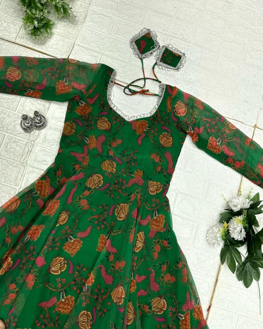 Delightful Green Georgette Floral Digital Printed Gown With Dupatta - Ethnicwish