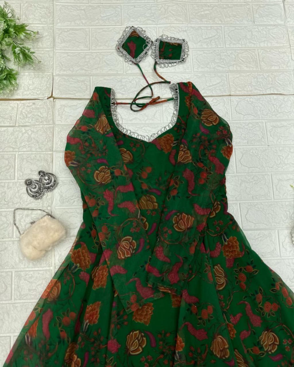 Delightful Green Georgette Floral Digital Printed Gown With Dupatta - Ethnicwish