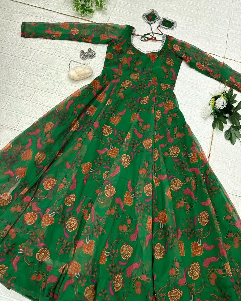 Delightful Green Georgette Floral Digital Printed Gown With Dupatta - Ethnicwish