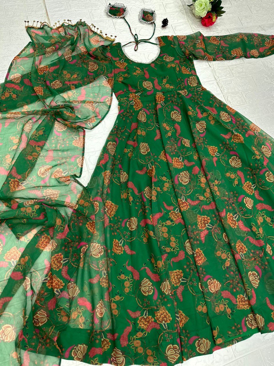 Delightful Green Georgette Floral Digital Printed Gown With Dupatta - Ethnicwish