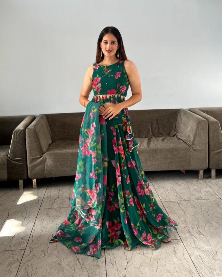 Appealing Green Georgette Floral Digital Printed Lehenga Choli - Ethnicwish
