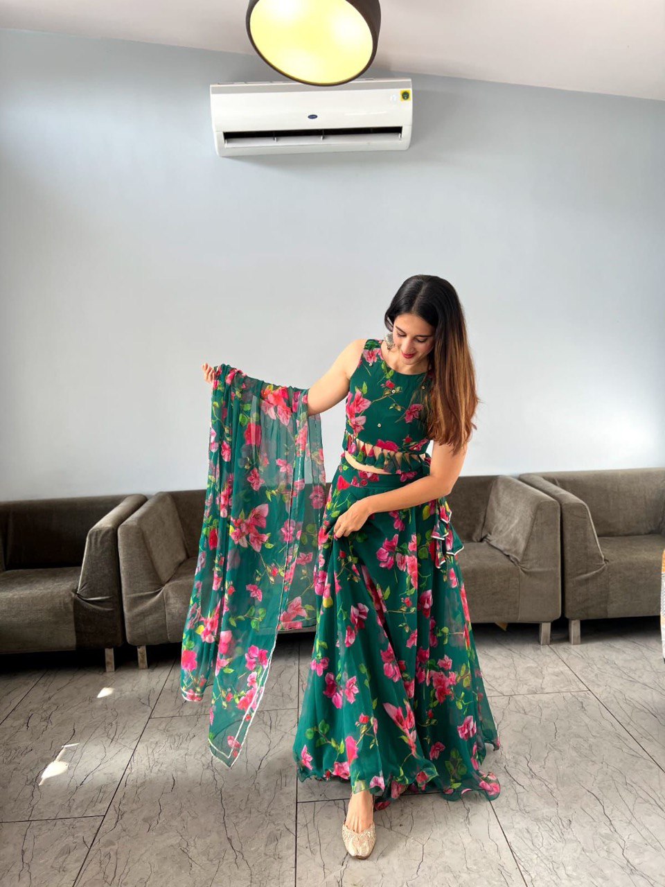 Appealing Green Georgette Floral Digital Printed Lehenga Choli - Ethnicwish