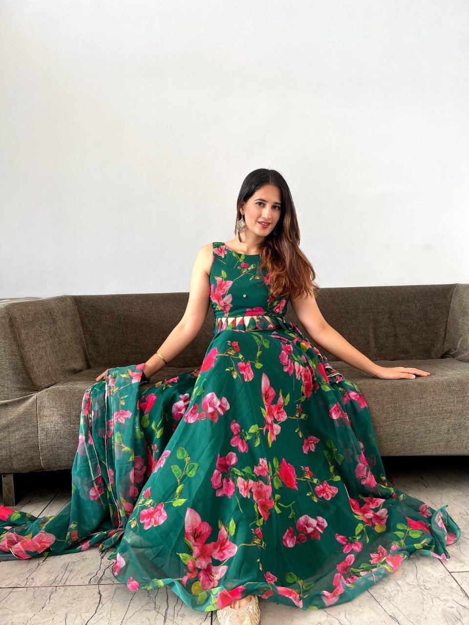 Appealing Green Georgette Floral Digital Printed Lehenga Choli - Ethnicwish