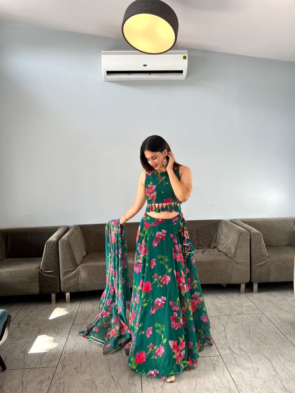 Appealing Green Georgette Floral Digital Printed Lehenga Choli - Ethnicwish