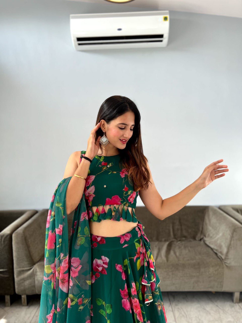 Appealing Green Georgette Floral Digital Printed Lehenga Choli - Ethnicwish