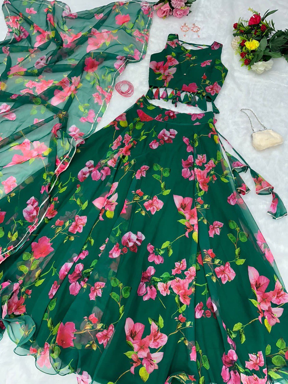 Appealing Green Georgette Floral Digital Printed Lehenga Choli - Ethnicwish