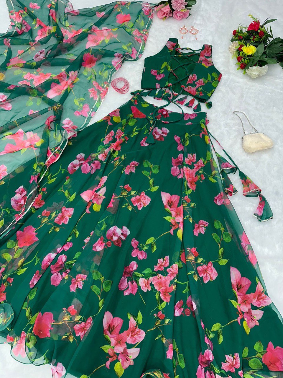 Appealing Green Georgette Floral Digital Printed Lehenga Choli - Ethnicwish