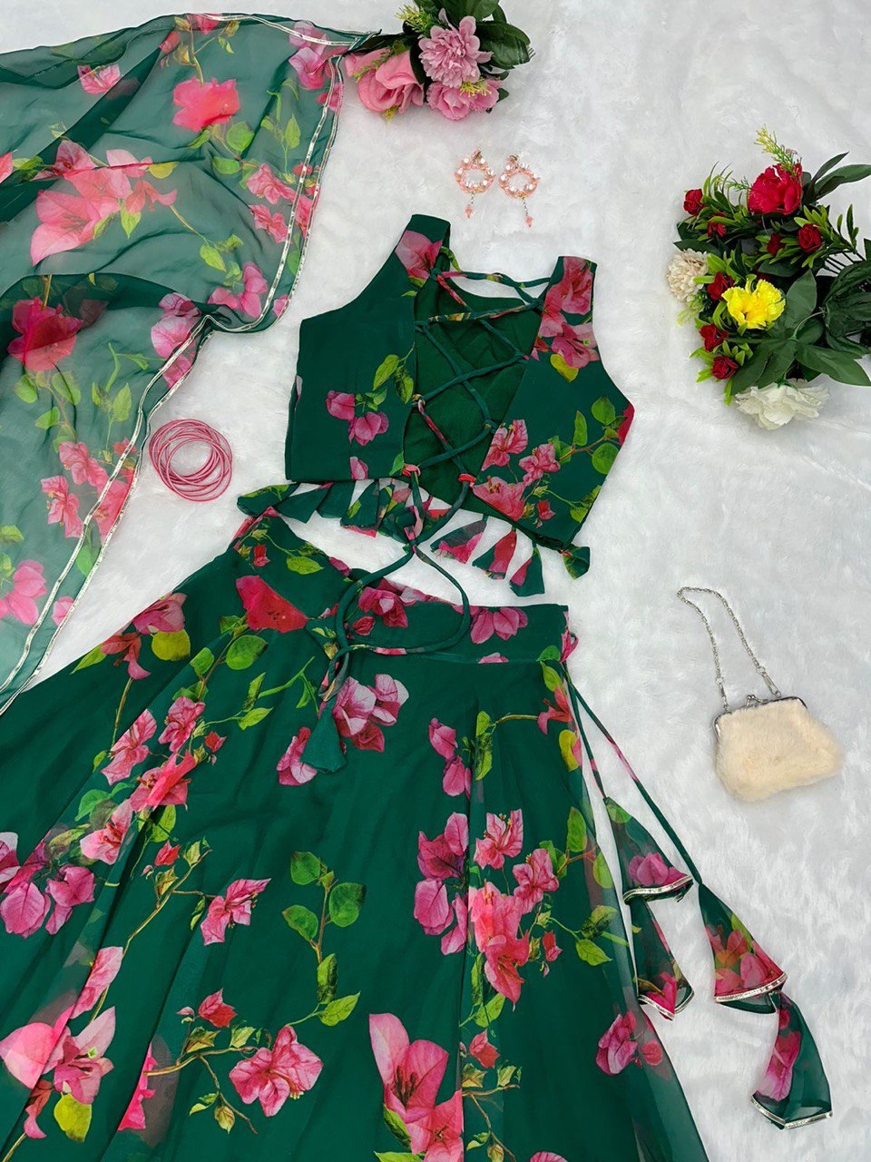 Appealing Green Georgette Floral Digital Printed Lehenga Choli - Ethnicwish