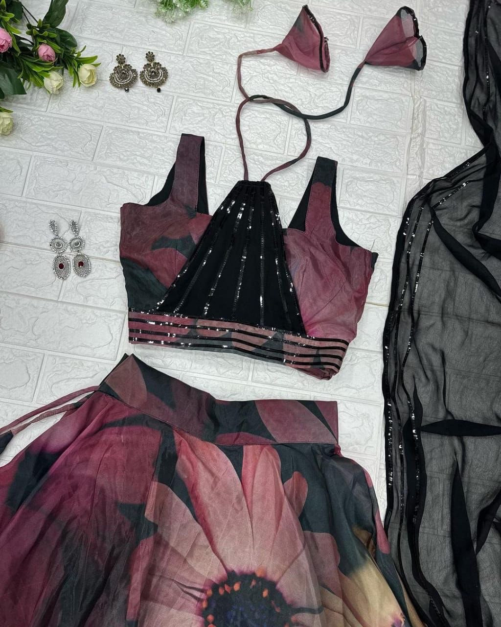 Classy Black Organza Silk Floral Printed Stitched Lehenga Choli Set - Ethnicwish