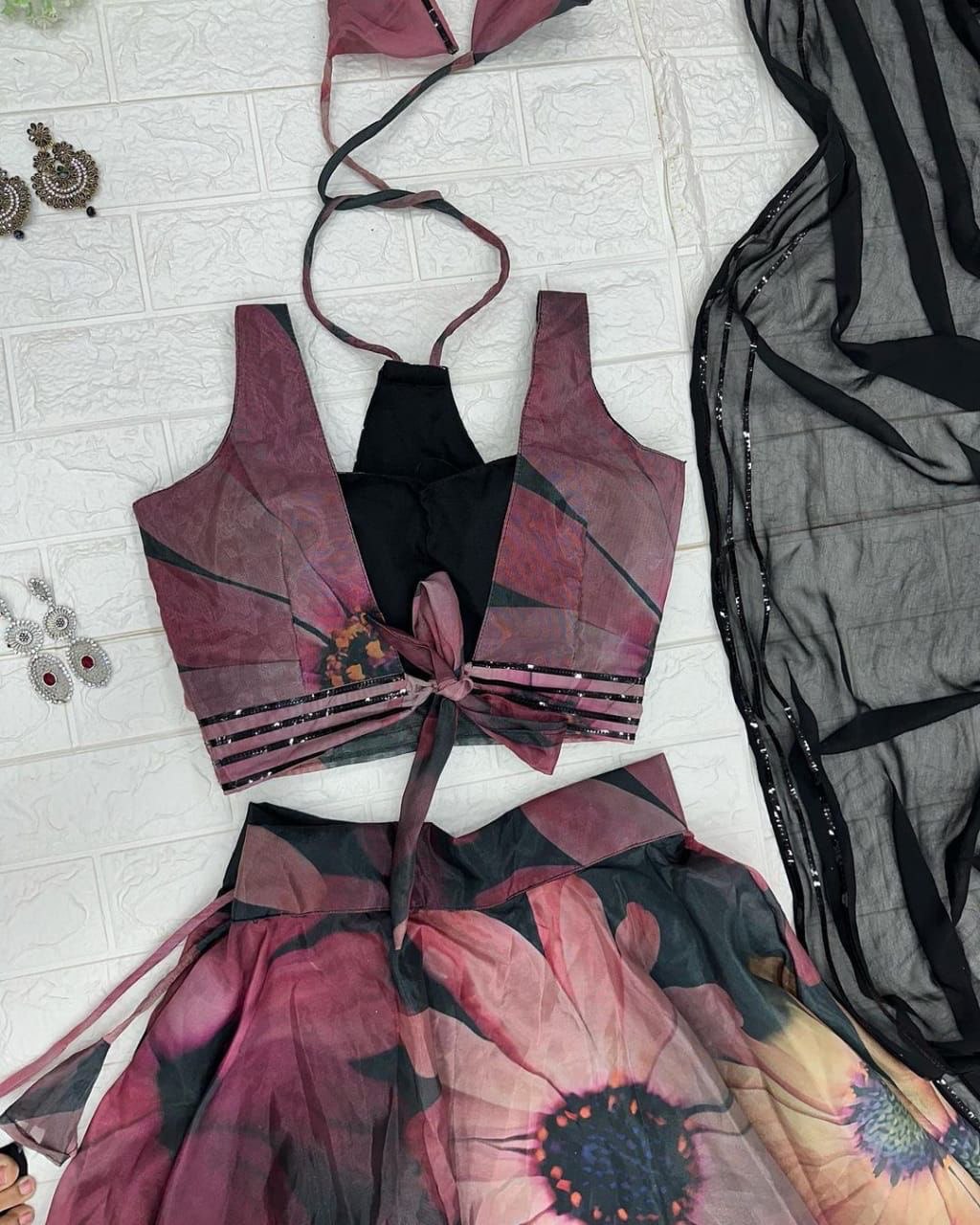 Classy Black Organza Silk Floral Printed Stitched Lehenga Choli Set - Ethnicwish