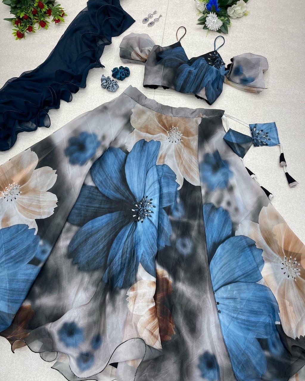 Dashing Gray Organza Silk Floral Printed Lehenga Choli Set - Ethnicwish