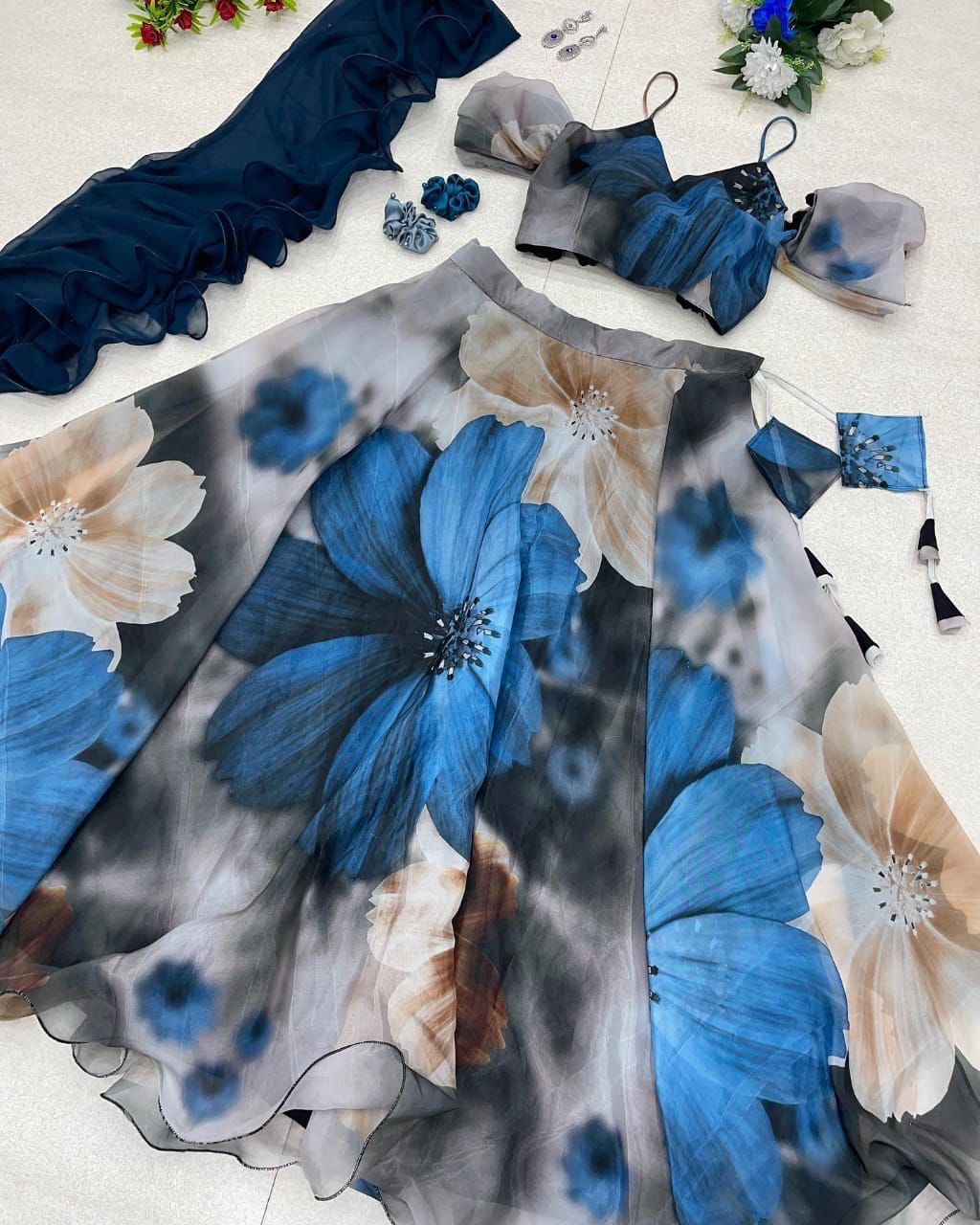 Dashing Gray Organza Silk Floral Printed Lehenga Choli Set - Ethnicwish