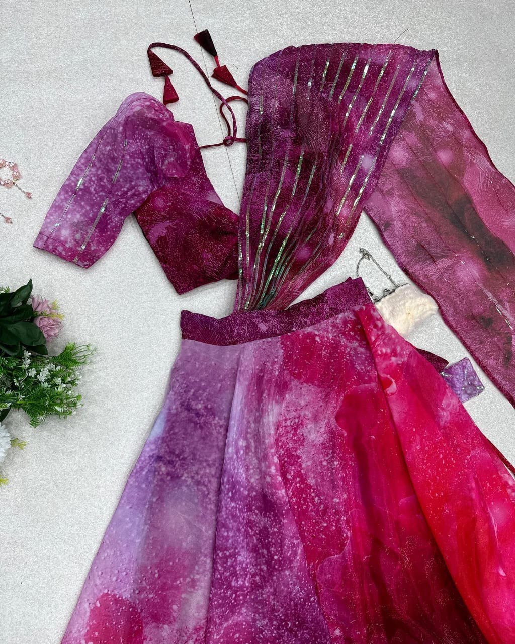 Divine Magenta Organza Silk Floral Printed Lehenga Choli Set - Ethnicwish