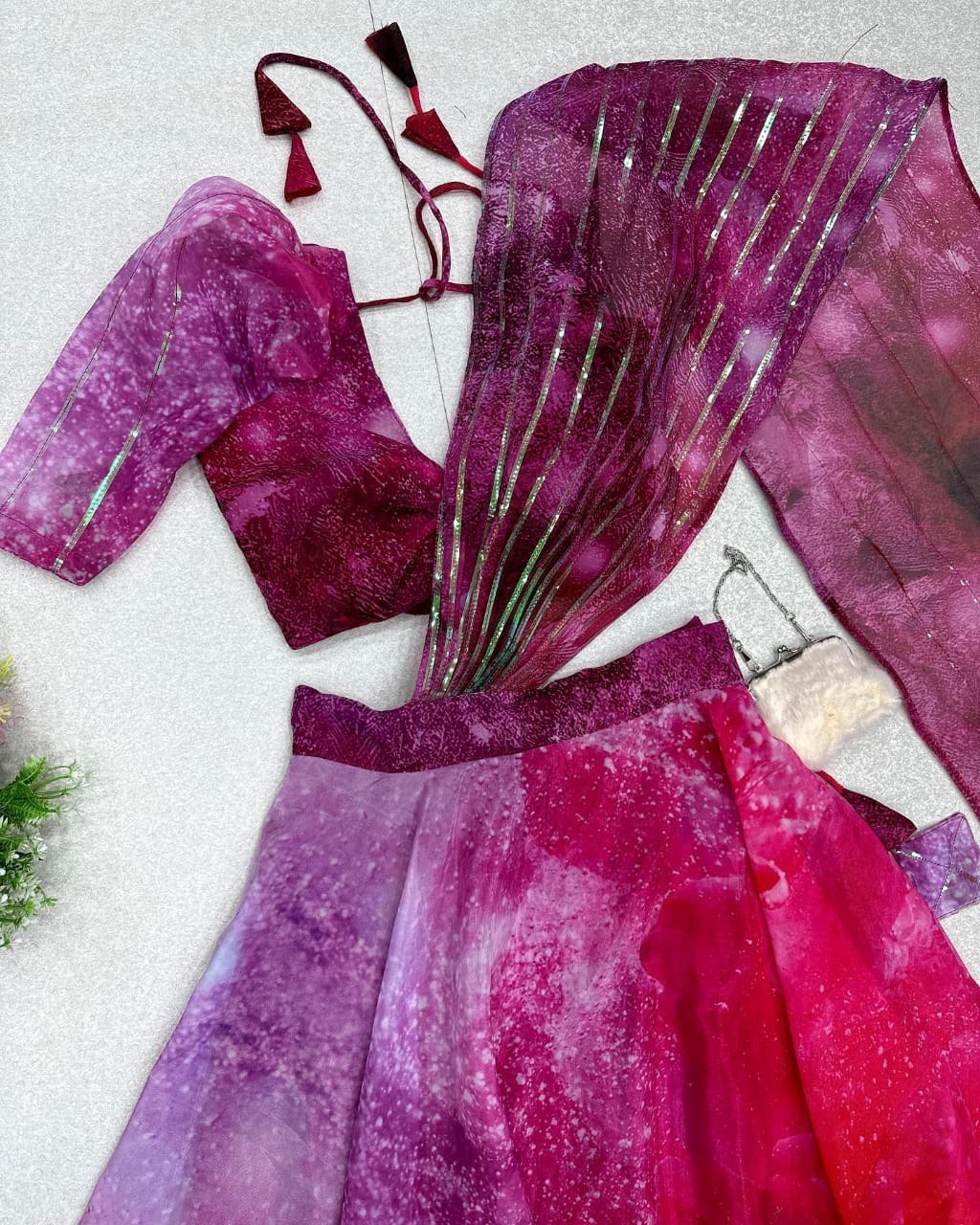 Divine Magenta Organza Silk Floral Printed Lehenga Choli Set - Ethnicwish