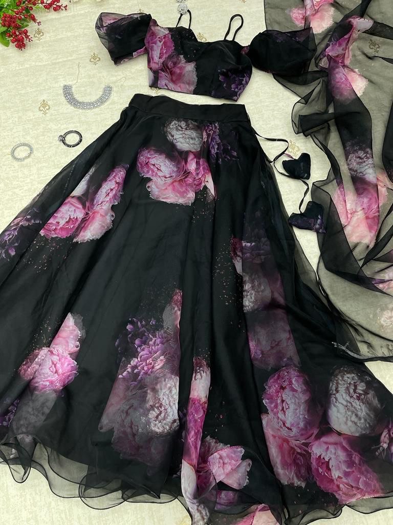 Elegant Black Organza Silk Floral Printed Lehenga Choli Set – Stitched for Festive Occasions - Ethnicwish