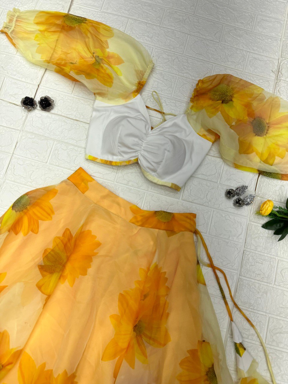 Enticing Yellow Organza Silk Floral Printed Lehenga Choli Set - Ethnicwish