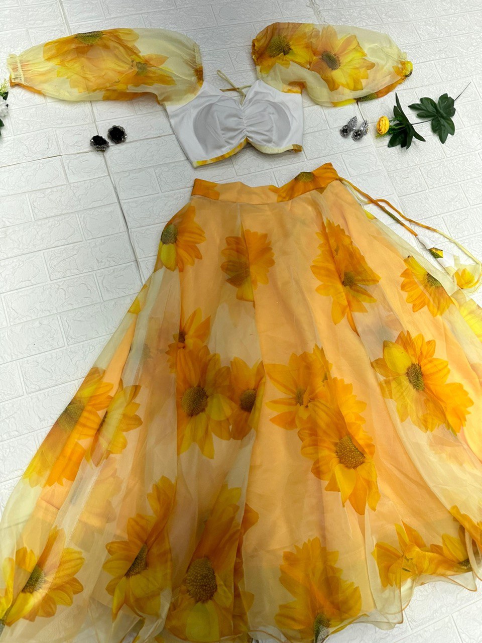 Enticing Yellow Organza Silk Floral Printed Lehenga Choli Set - Ethnicwish
