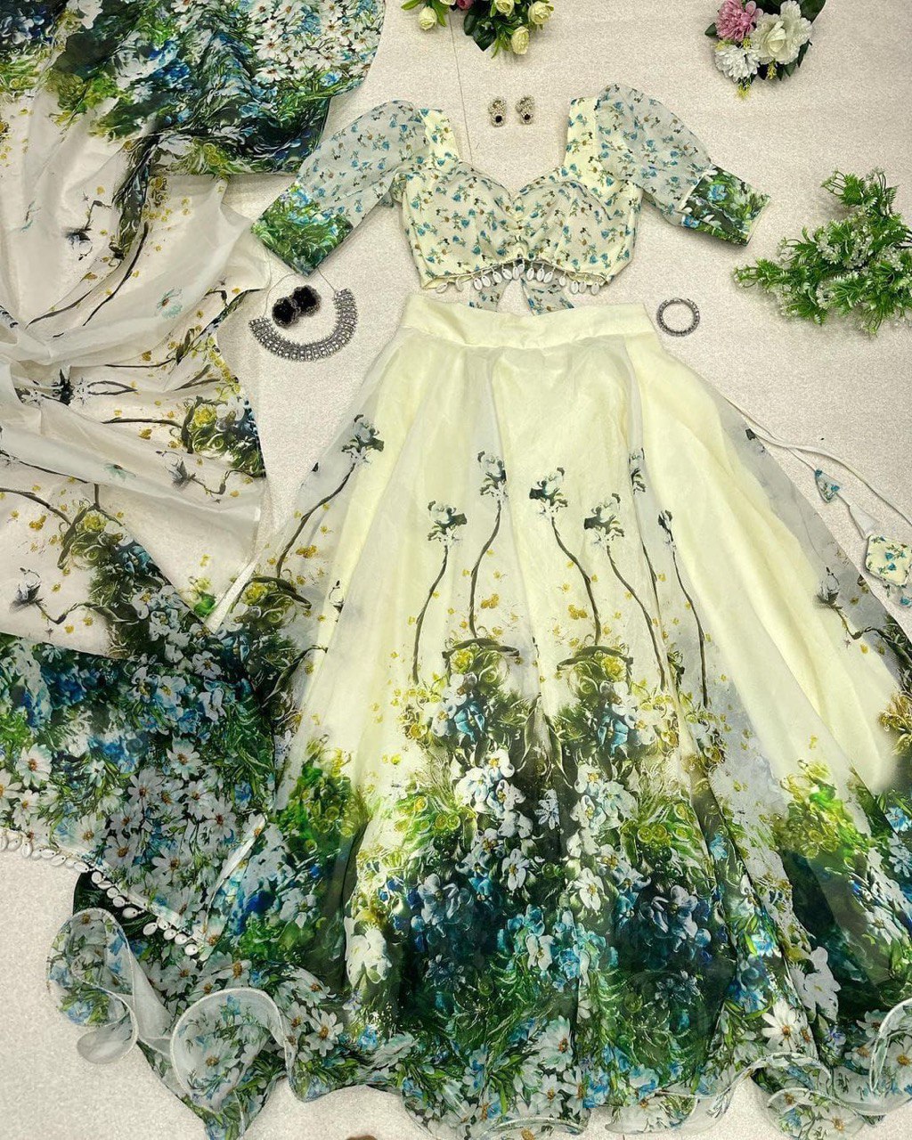 Graceful Pista Green Organza Silk Floral Printed Lehenga Choli Set - Ethnicwish