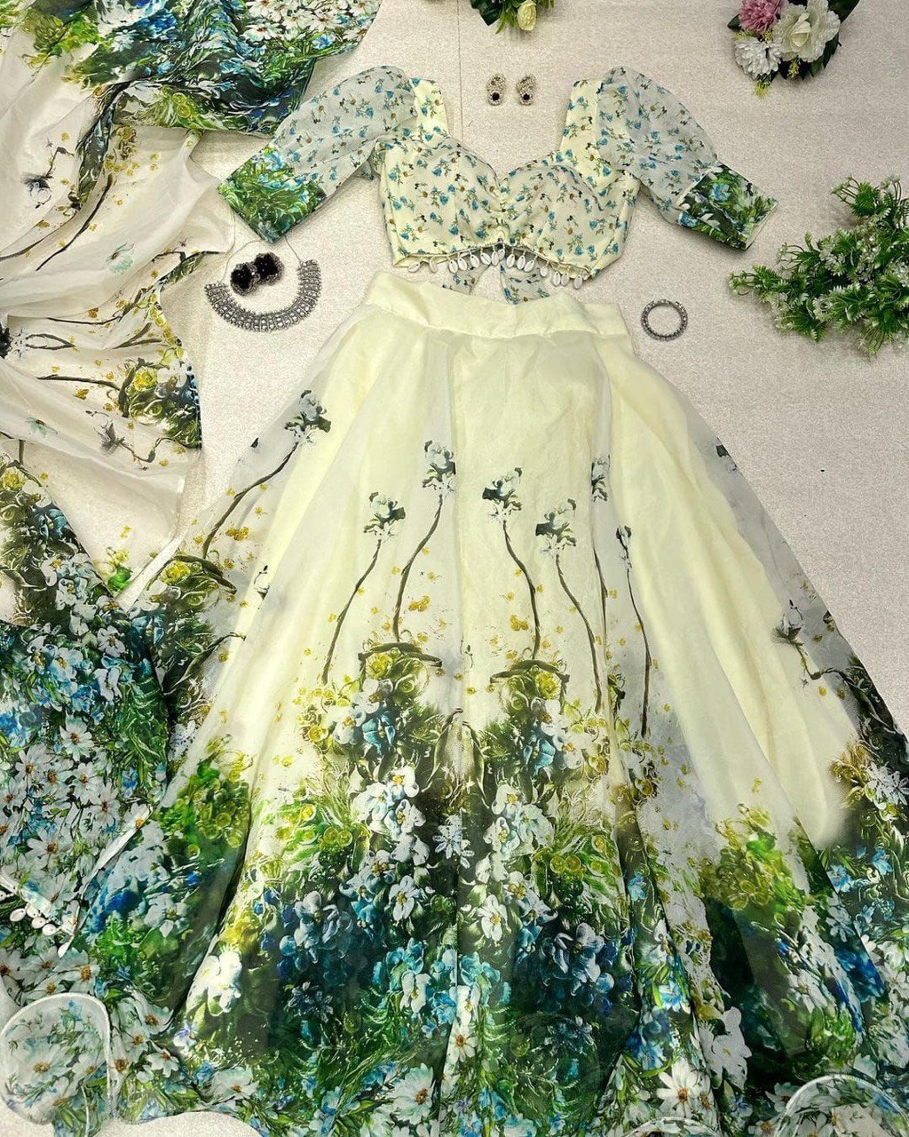 Graceful Pista Green Organza Silk Floral Printed Lehenga Choli Set - Ethnicwish