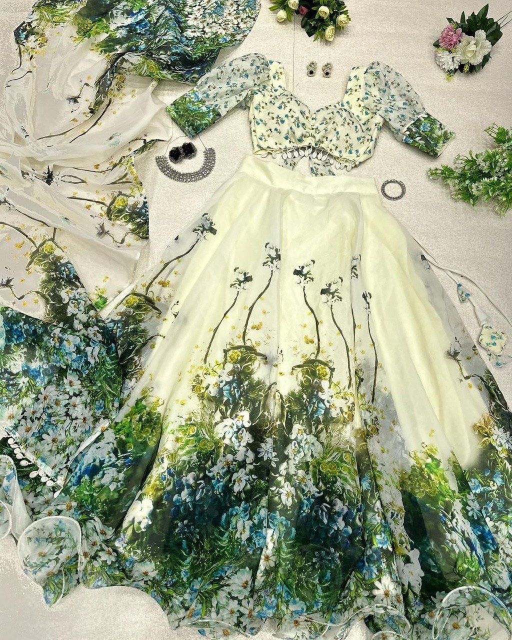 Graceful Pista Green Organza Silk Floral Printed Lehenga Choli Set - Ethnicwish