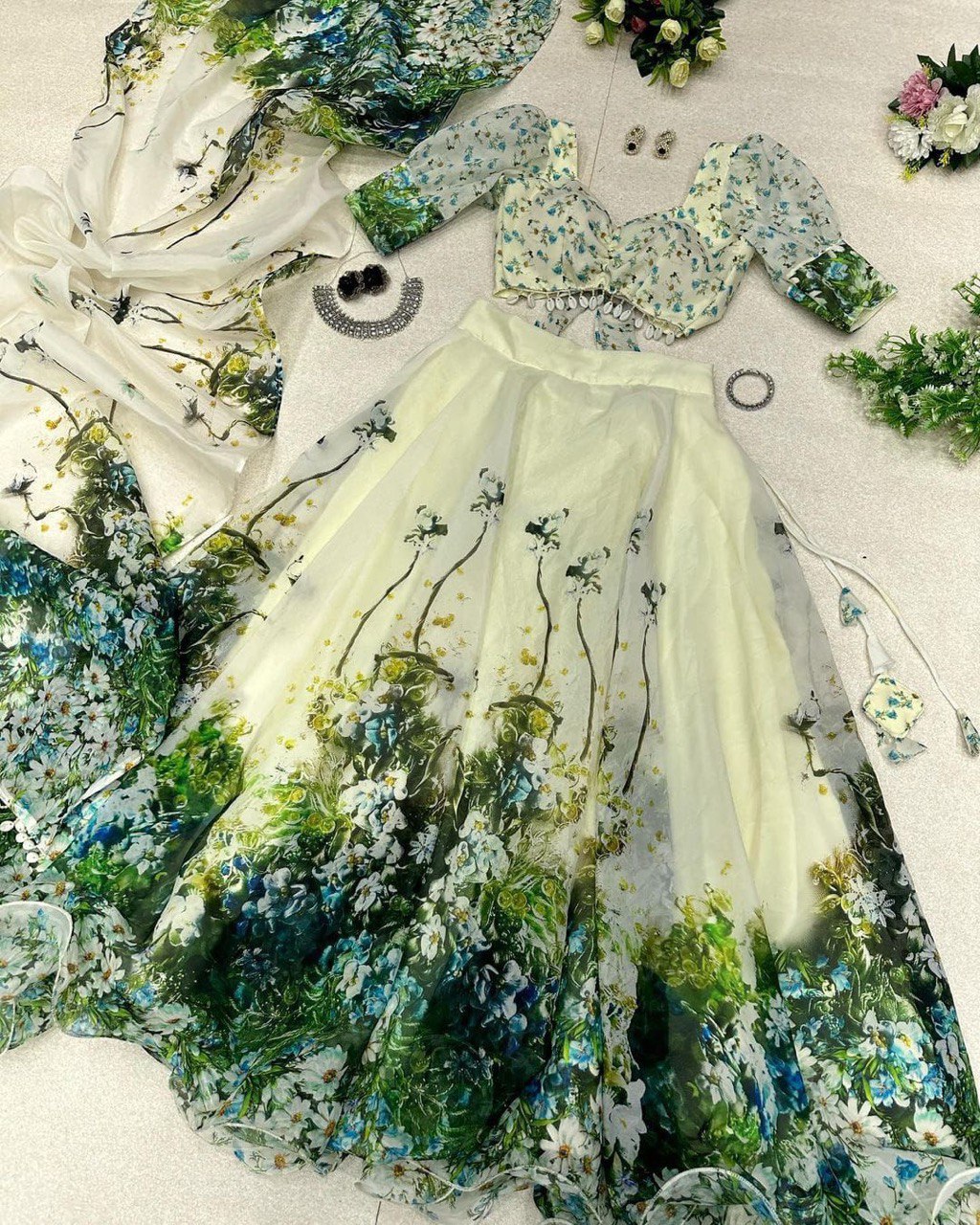Graceful Pista Green Organza Silk Floral Printed Lehenga Choli Set - Ethnicwish