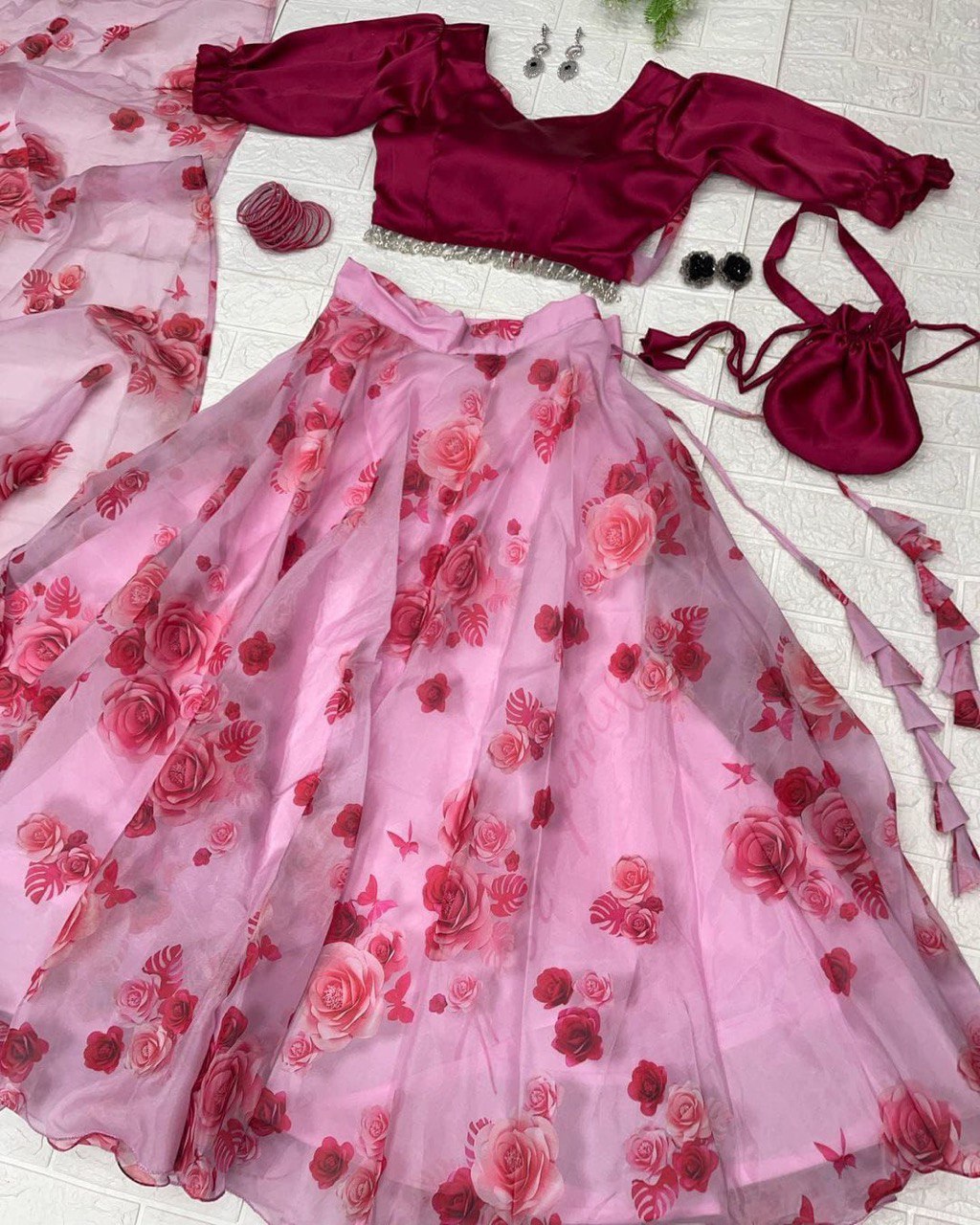 Lovely Pink Organza Silk Floral Digital Printed Lehenga Choli - Ethnicwish