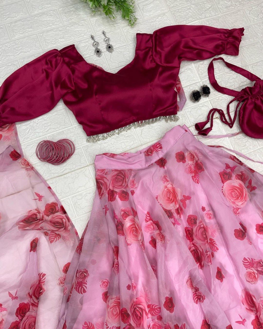 Lovely Pink Organza Silk Floral Digital Printed Lehenga Choli - Ethnicwish