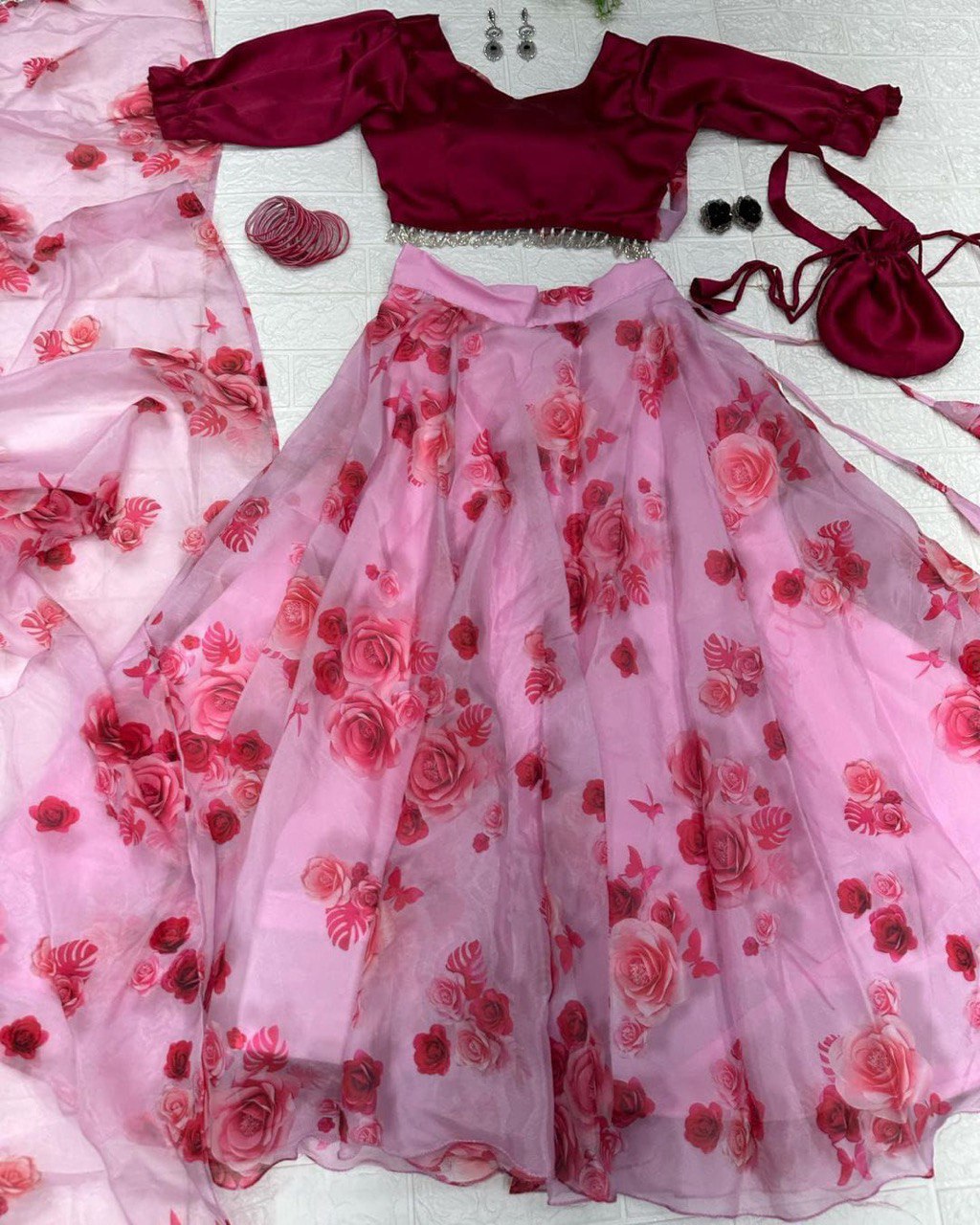 Lovely Pink Organza Silk Floral Digital Printed Lehenga Choli - Ethnicwish