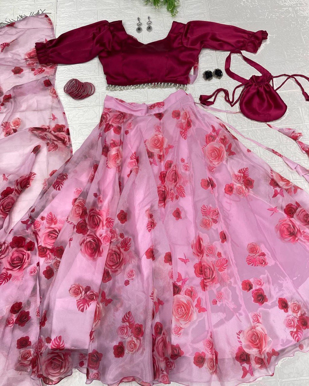Lovely Pink Organza Silk Floral Digital Printed Lehenga Choli - Ethnicwish