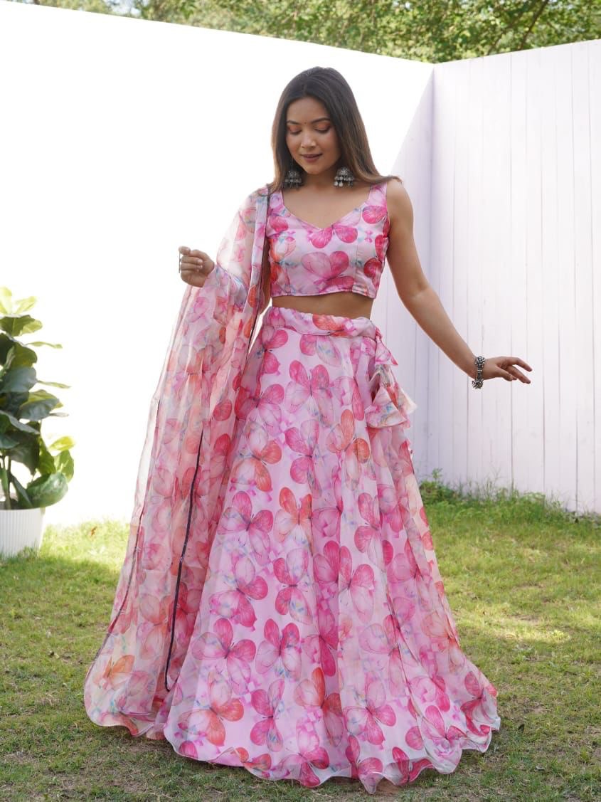 Pink Colored Floral Organza Silk Lehenga Choli Set – Elegant & Festive Wear - Ethnicwish