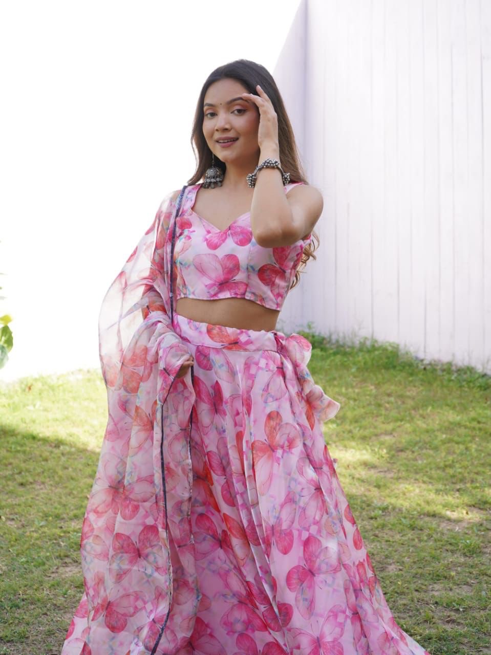 Pink Colored Floral Organza Silk Lehenga Choli Set – Elegant & Festive Wear - Ethnicwish