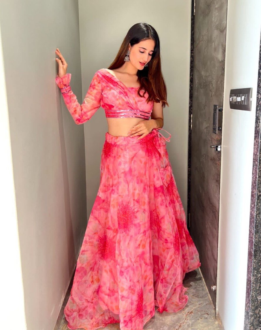 Polished Pink Floral Organza Silk Lehenga With Stitched Blouse - Ethnicwish