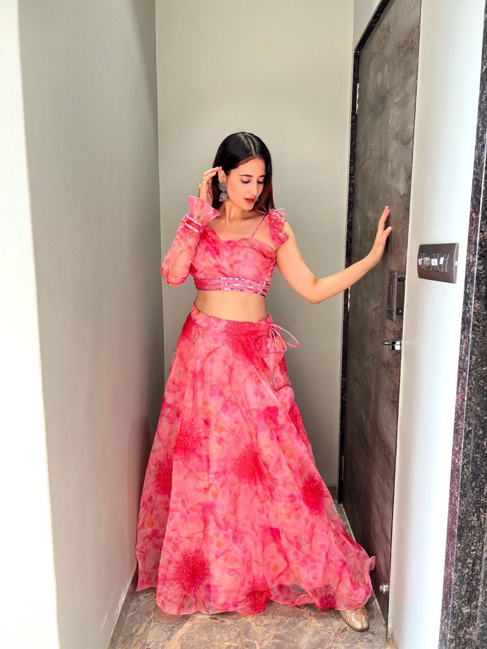 Polished Pink Floral Organza Silk Lehenga With Stitched Blouse - Ethnicwish