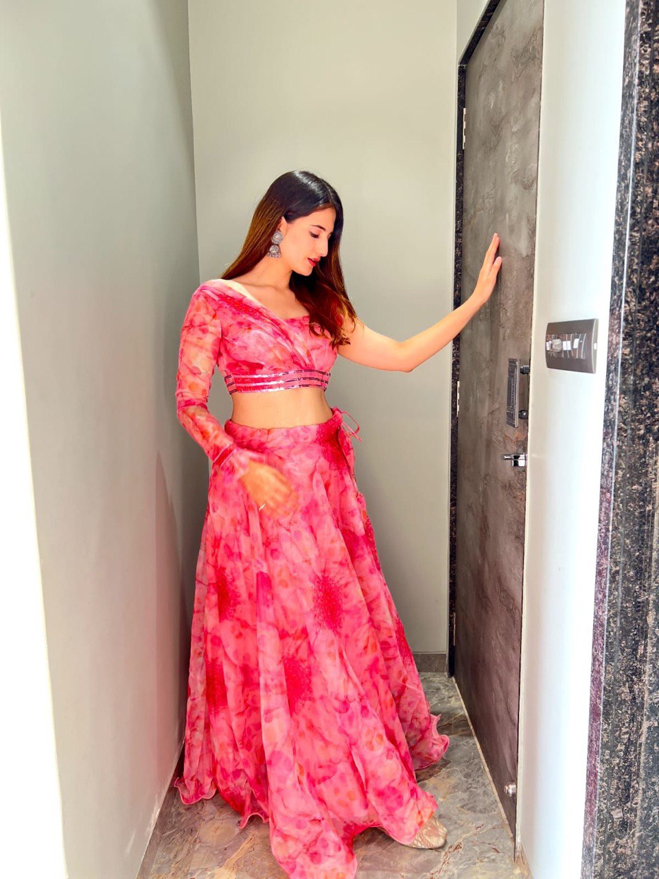 Polished Pink Floral Organza Silk Lehenga With Stitched Blouse - Ethnicwish