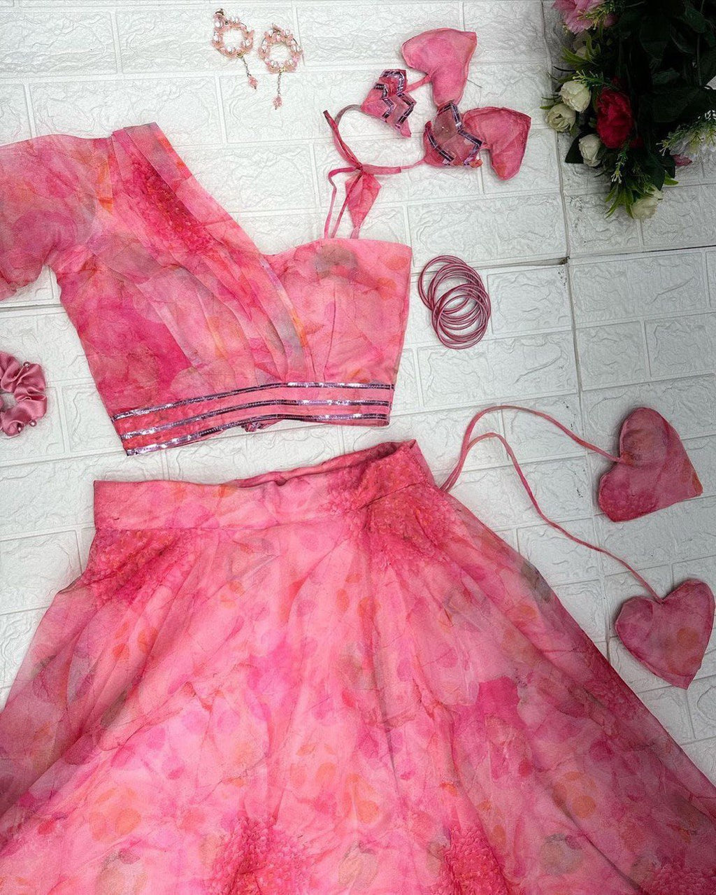 Polished Pink Floral Organza Silk Lehenga With Stitched Blouse - Ethnicwish