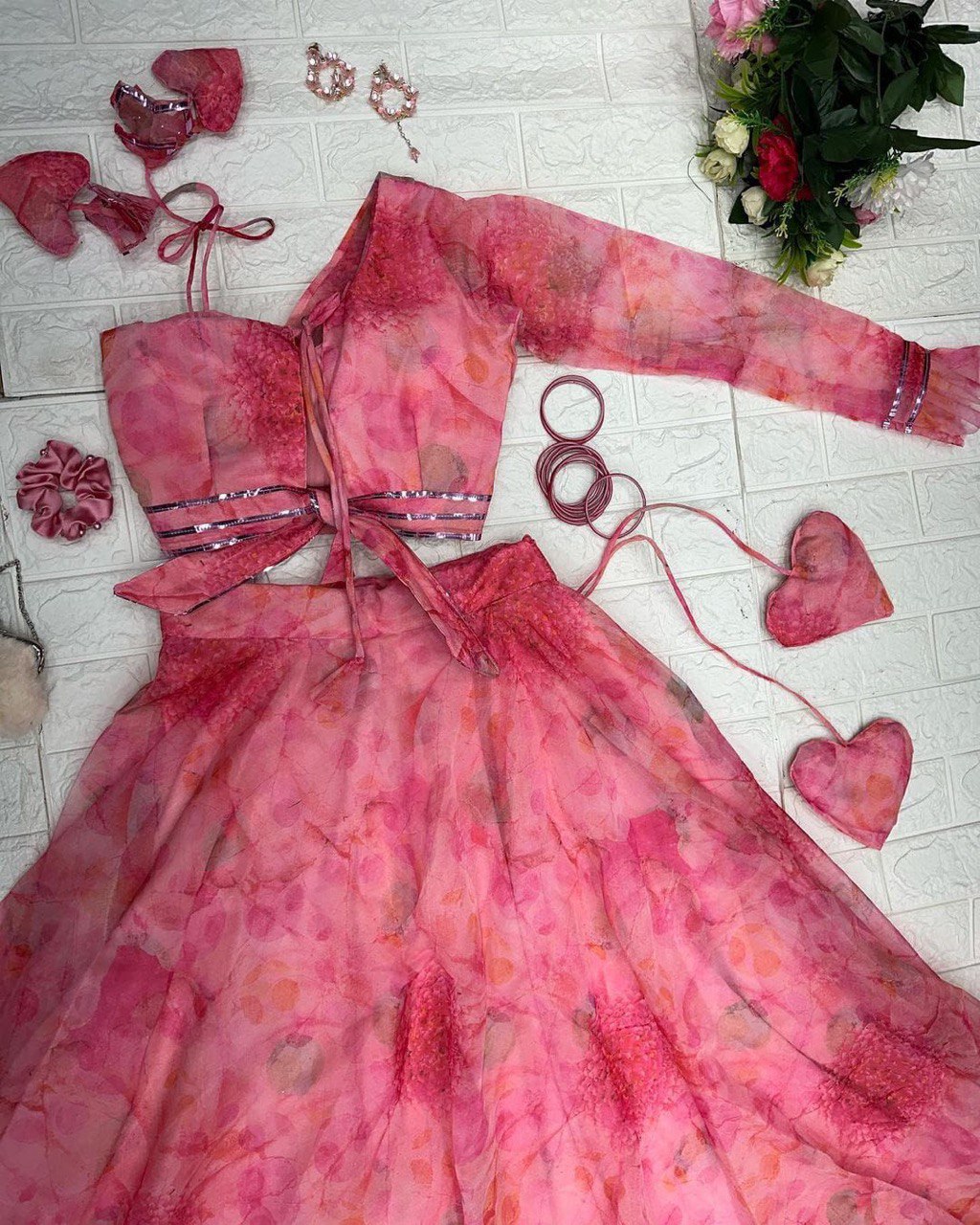 Polished Pink Floral Organza Silk Lehenga With Stitched Blouse - Ethnicwish