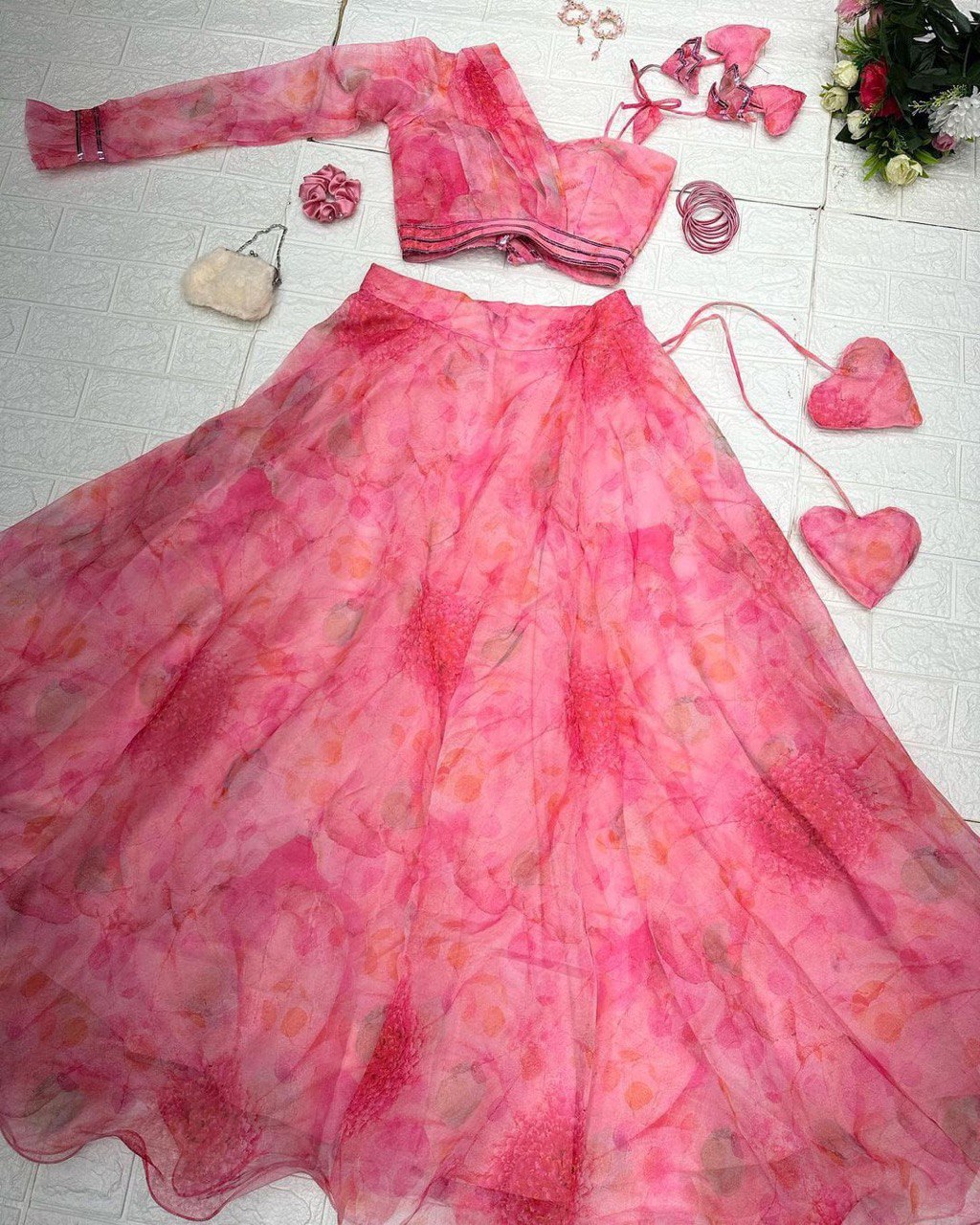 Polished Pink Floral Organza Silk Lehenga With Stitched Blouse - Ethnicwish