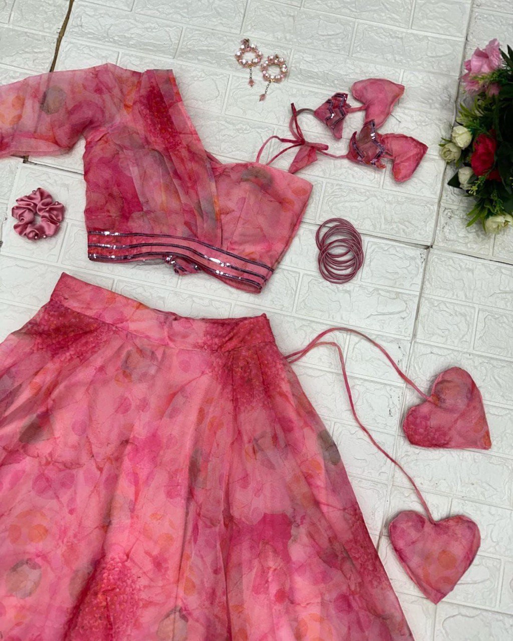 Polished Pink Floral Organza Silk Lehenga With Stitched Blouse - Ethnicwish