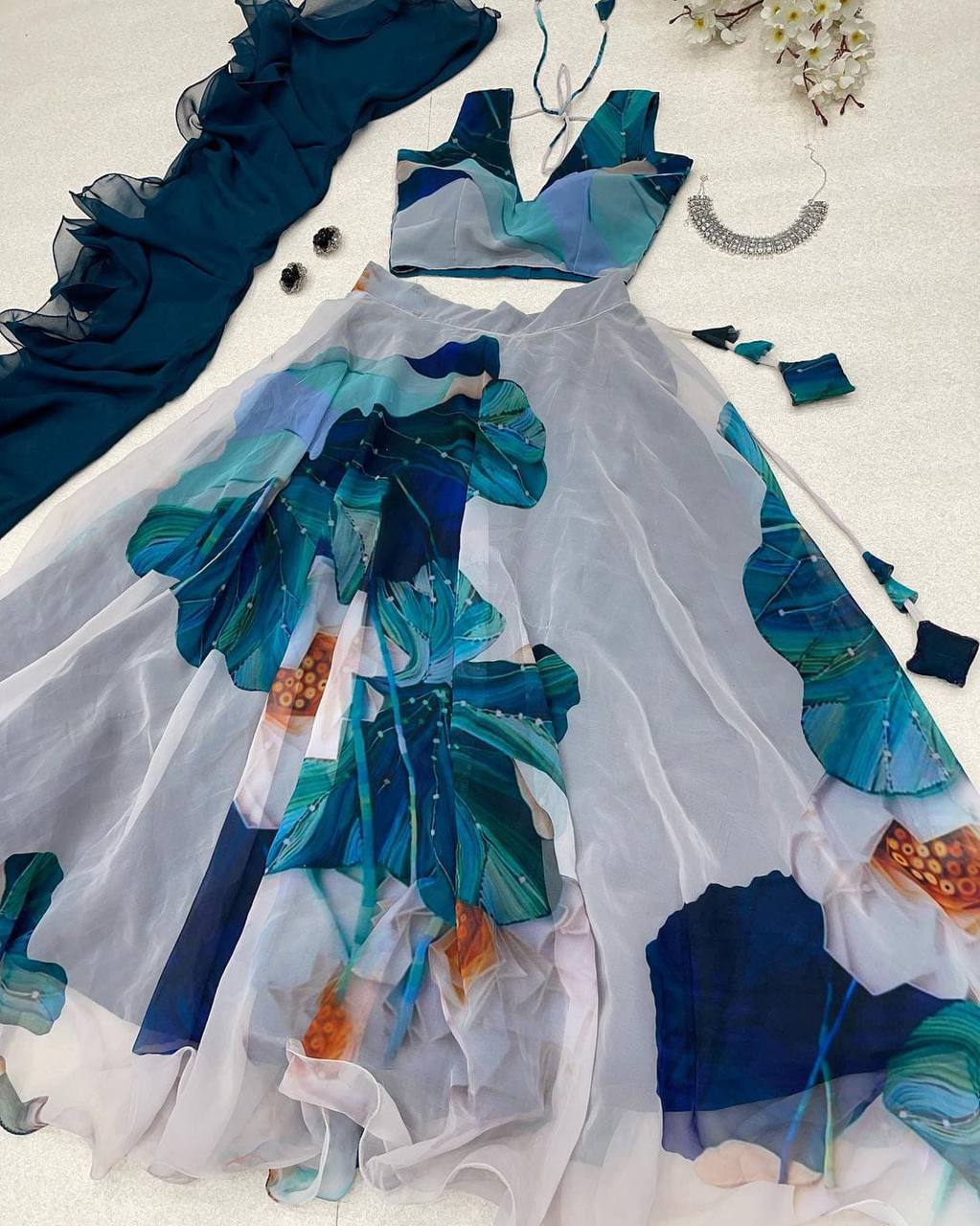 Radiant Gray Pure Georgette Floral Digital Printed Lehenga Choli Set - Ethnicwish