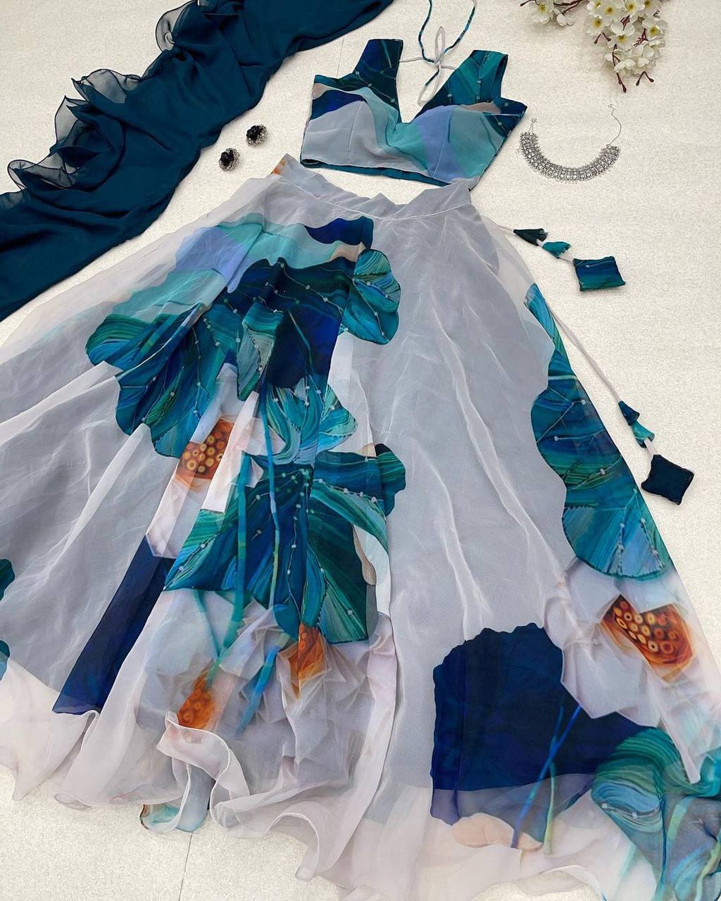 Radiant Gray Pure Georgette Floral Digital Printed Lehenga Choli Set - Ethnicwish