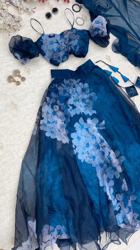Radiant Navy Blue Organza Silk Floral Digital Printed Lehenga Choli - Ethnicwish