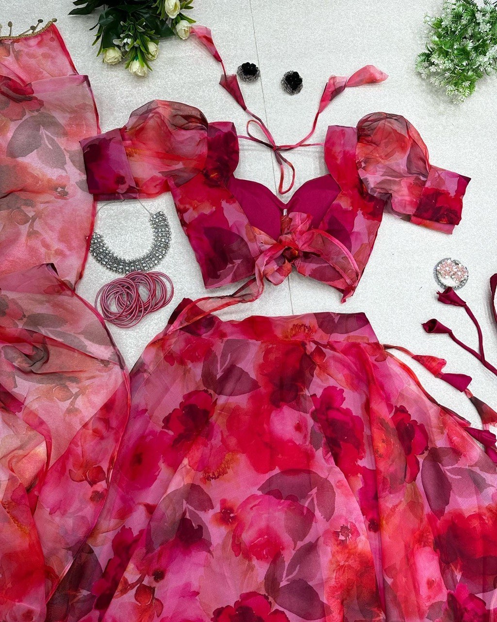 Ravishing Hot Pink Organza Silk Floral Printed Lehenga Choli Set - Ethnicwish