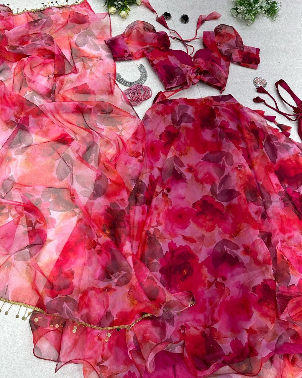 Ravishing Hot Pink Organza Silk Floral Printed Lehenga Choli Set - Ethnicwish