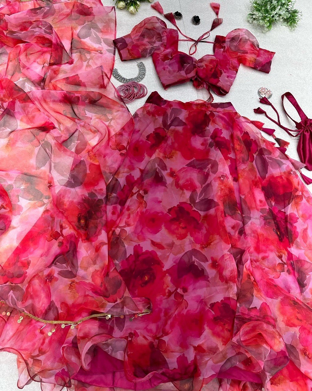 Ravishing Hot Pink Organza Silk Floral Printed Lehenga Choli Set - Ethnicwish