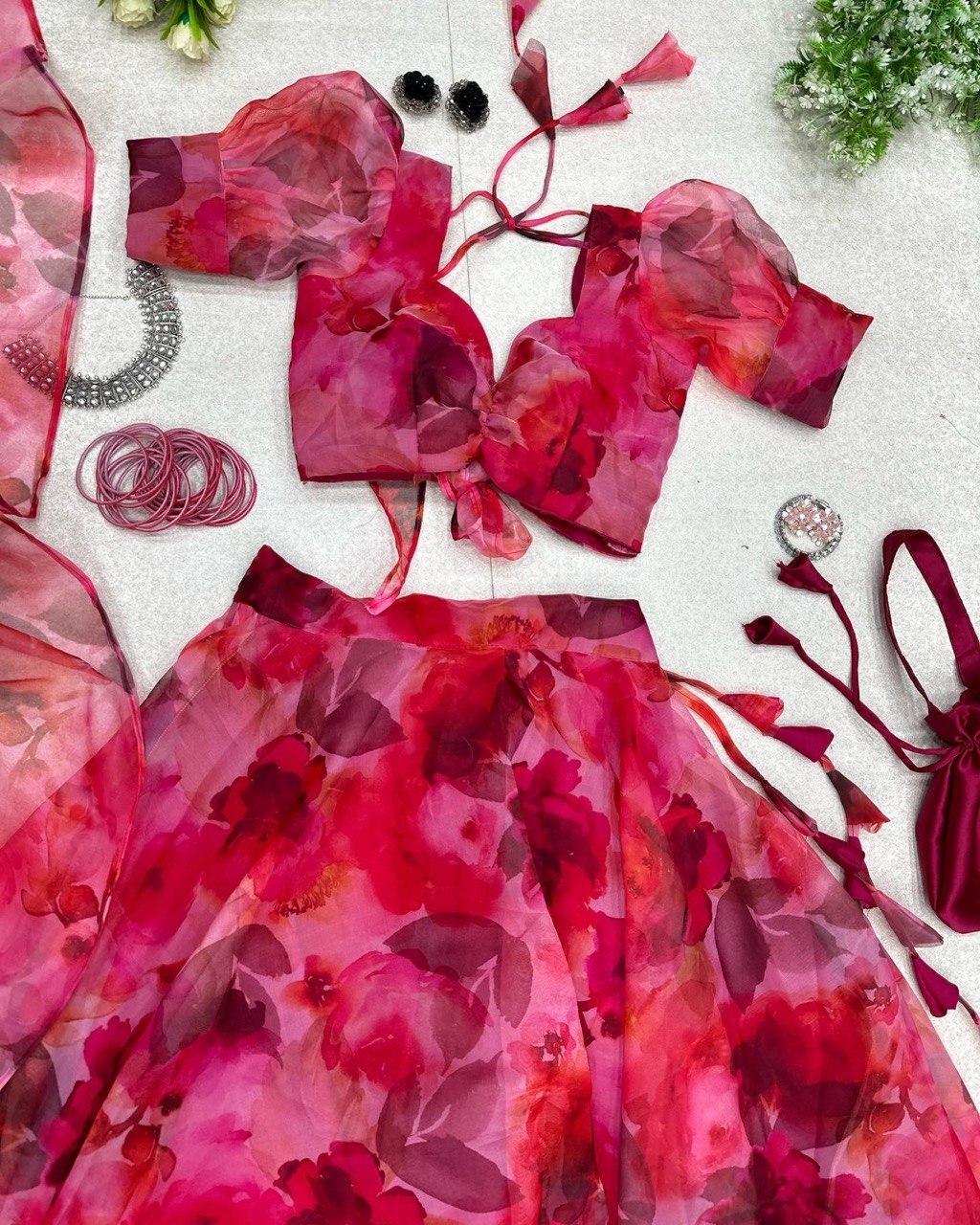 Ravishing Hot Pink Organza Silk Floral Printed Lehenga Choli Set - Ethnicwish