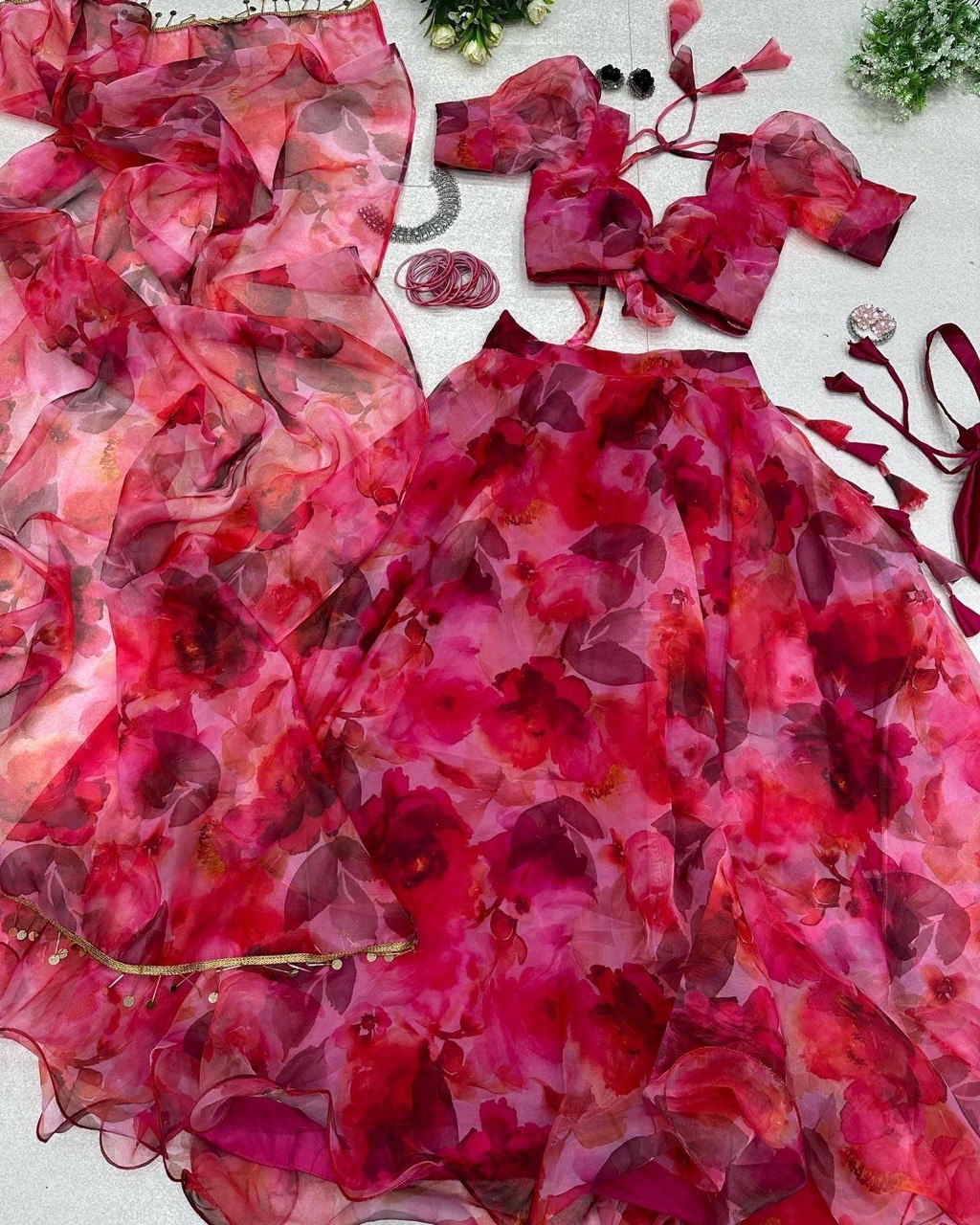 Ravishing Hot Pink Organza Silk Floral Printed Lehenga Choli Set - Ethnicwish