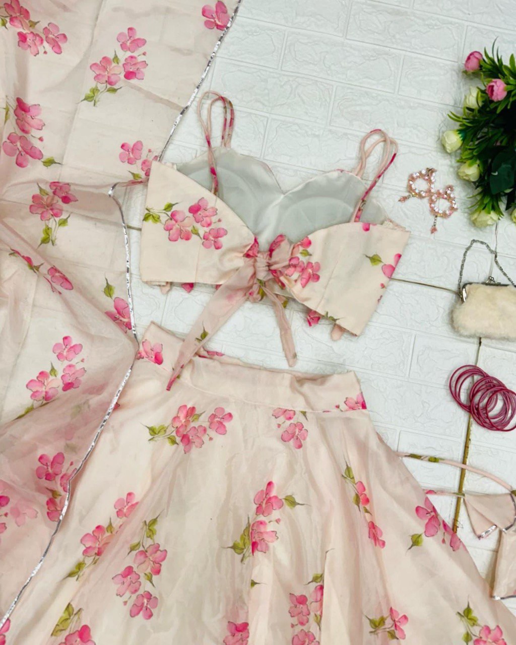 Skin Colored Floral Organza Silk Lehenga Choli Set – Elegant & Festive Wear - Ethnicwish