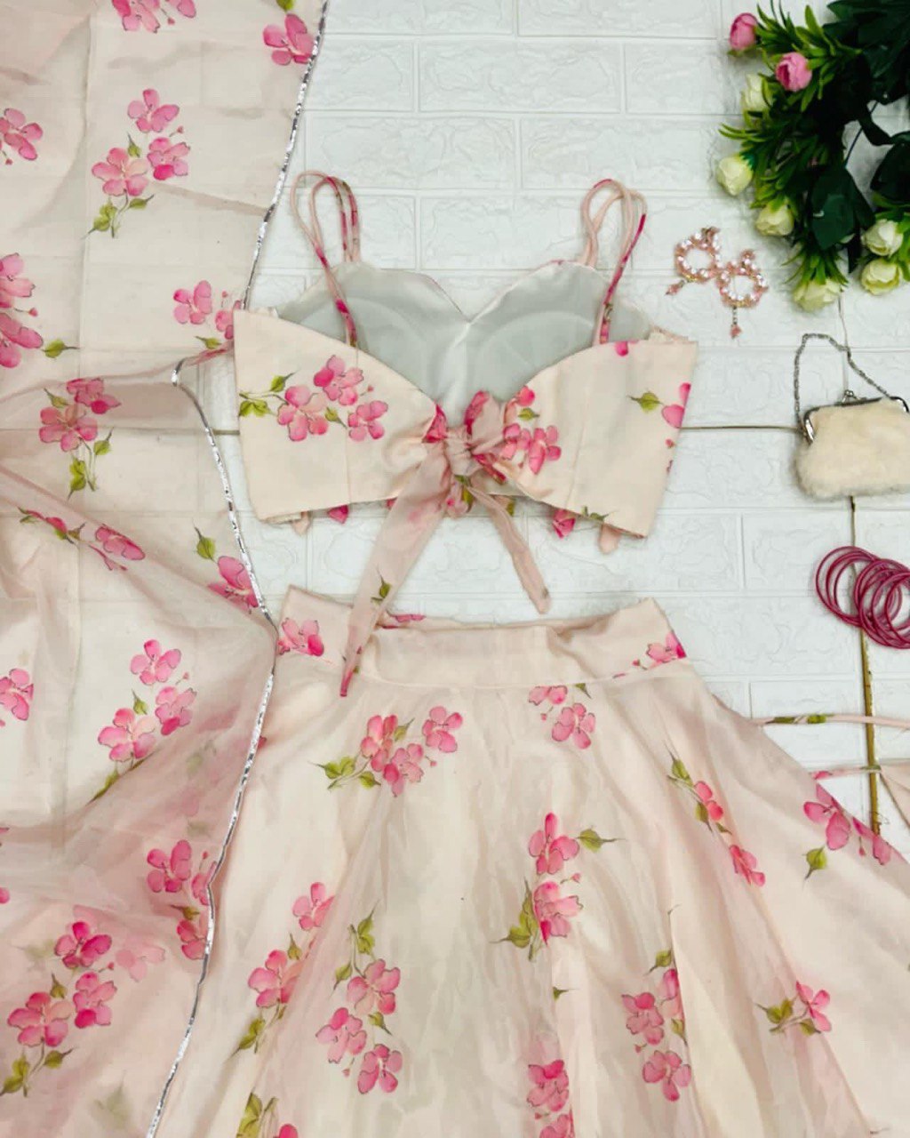 Skin Colored Floral Organza Silk Lehenga Choli Set – Elegant & Festive Wear - Ethnicwish
